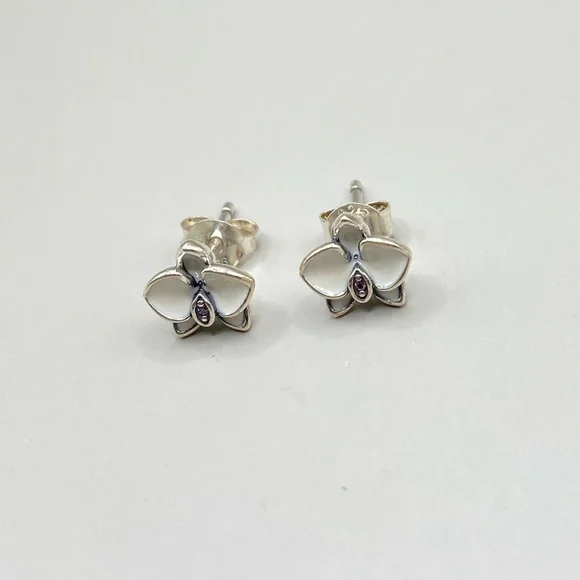 Pandora White Enamel Orchid Earrings - Picture 2 of 5